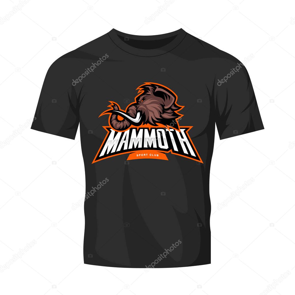 Furious woolly mammoth head sport vector logo concept isolated on black t-shirt mock up. Modern professional mascot team badge design. Premium quality wild animal tee print illustration.