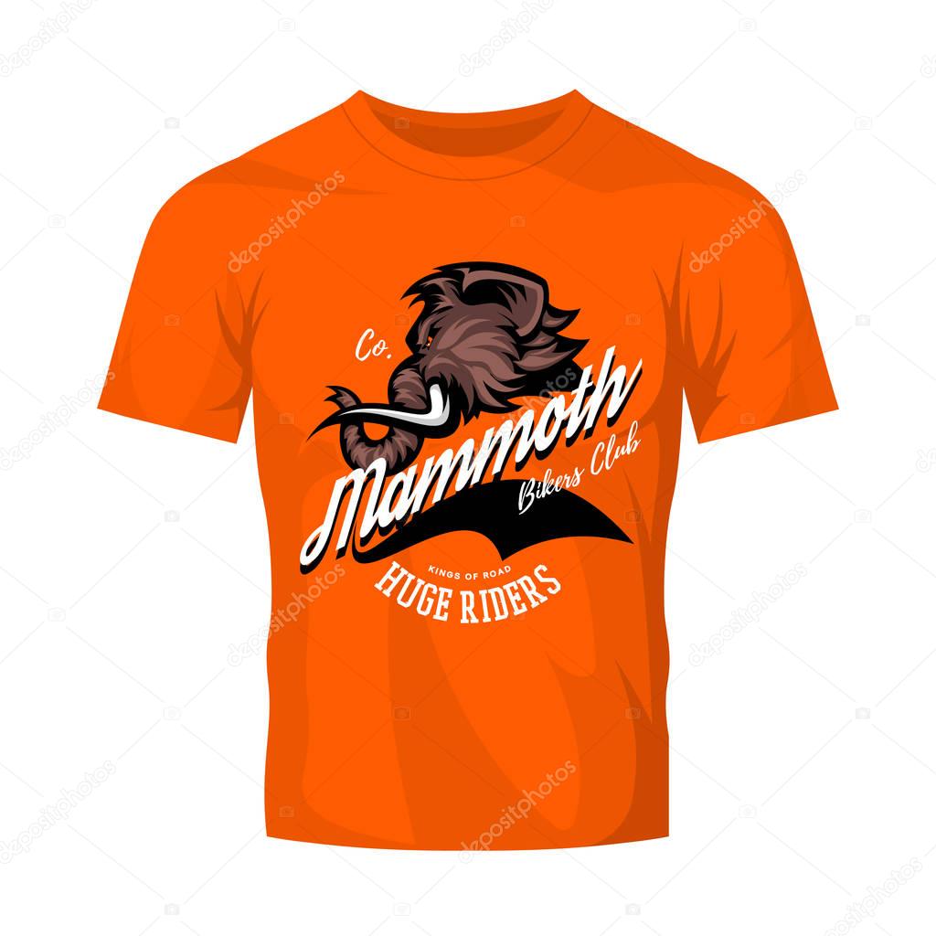 Furious woolly mammoth bikers gang club vector logo concept isolated on orange t-shirt mock up. Street wear professional mascot team badge design. Premium quality wild animal tee print illustration.