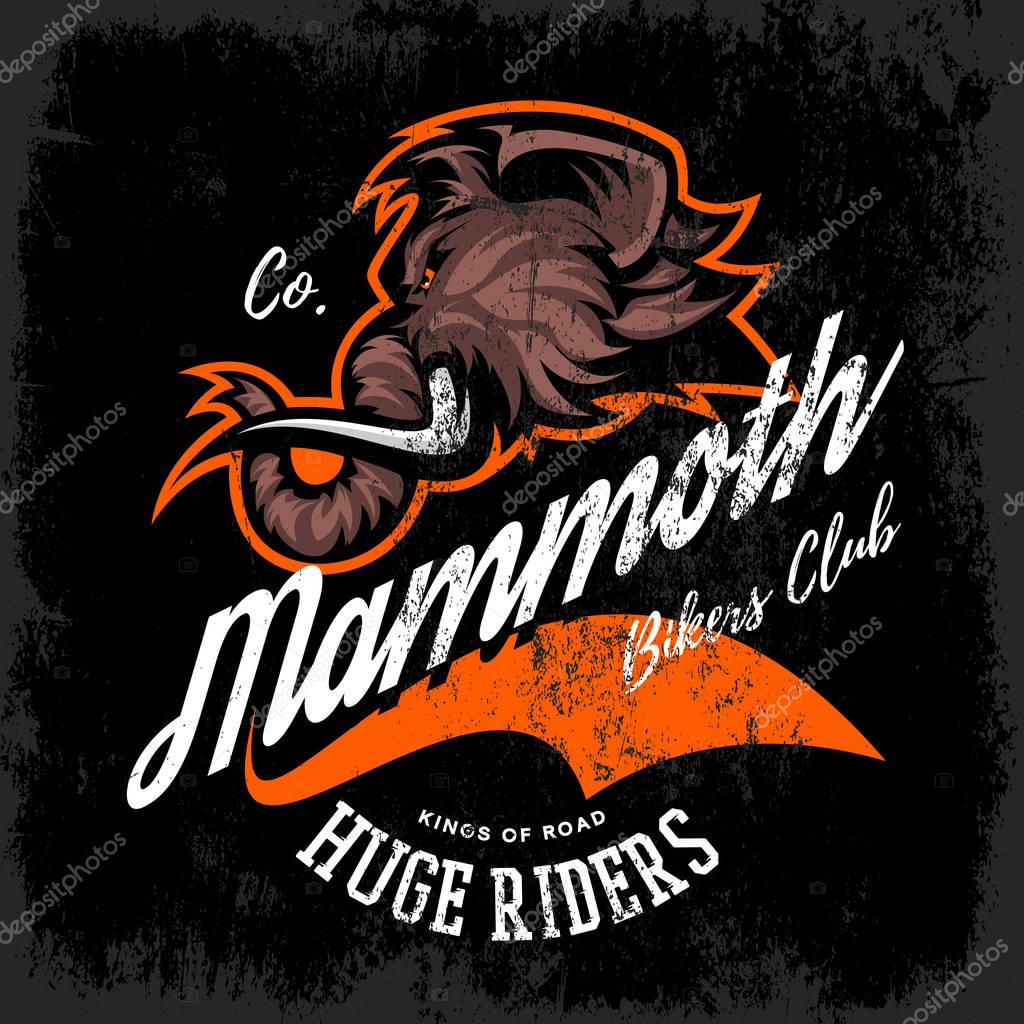 Vintage furious woolly mammoth bikers gang club tee print vector design. Street wear t-shirt emblem. Premium quality wild animal superior mascot professional logo concept illustration.