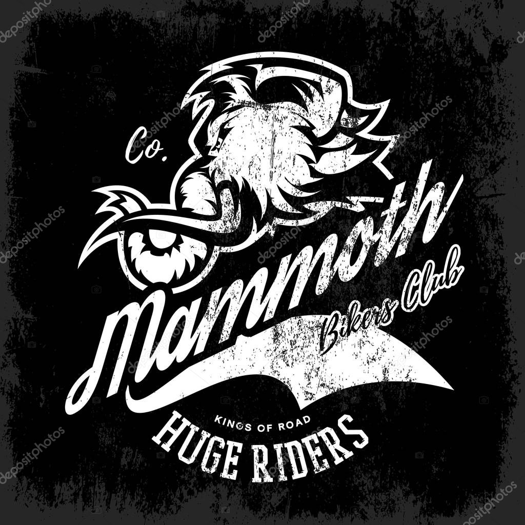 Vintage furious woolly mammoth bikers gang club tee print vector design. Street wear t-shirt emblem. Premium quality wild animal superior mascot professional logo concept illustration.