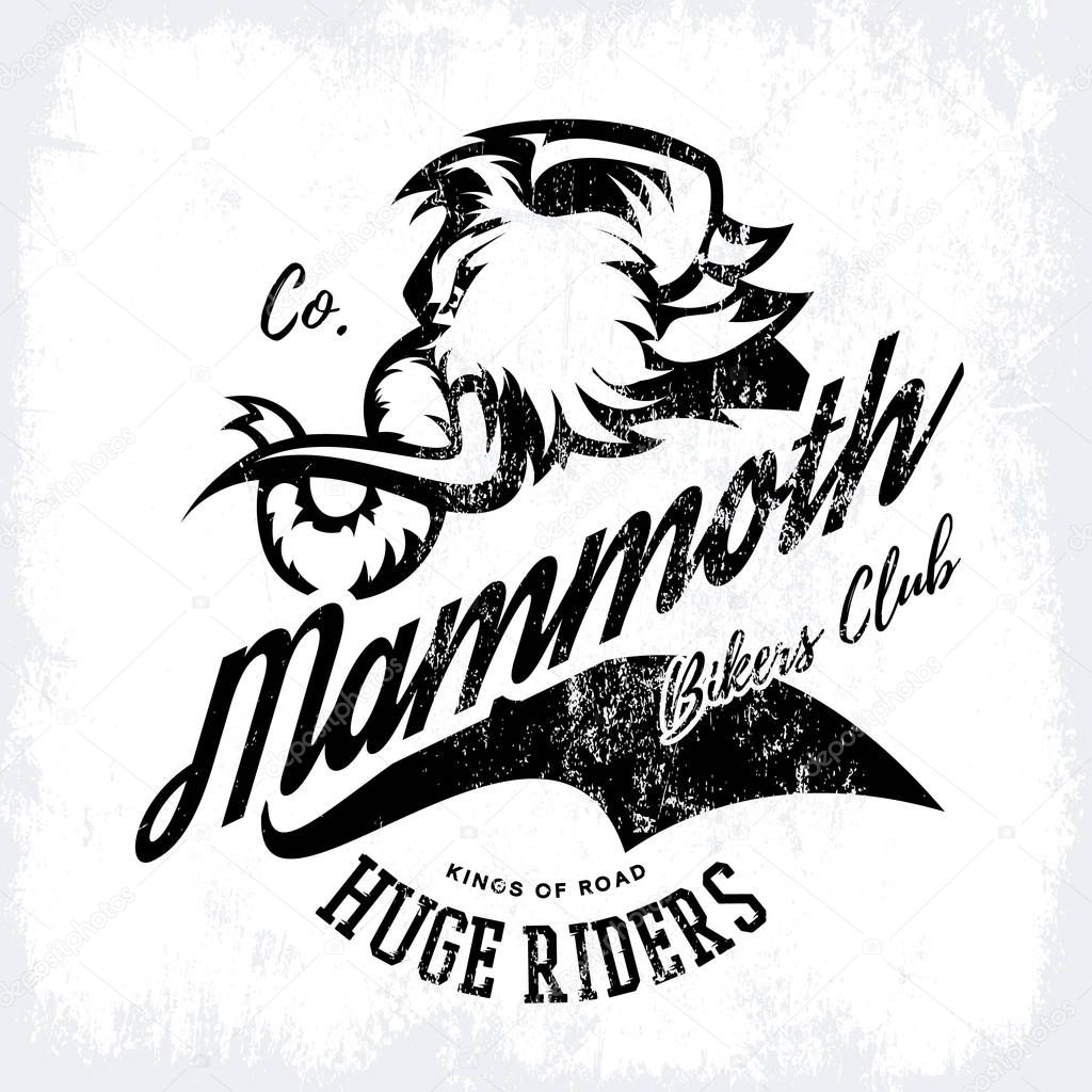 Vintage furious woolly mammoth bikers gang club tee print vector design. Street wear t-shirt emblem. Premium quality wild animal superior mascot professional logo concept illustration.