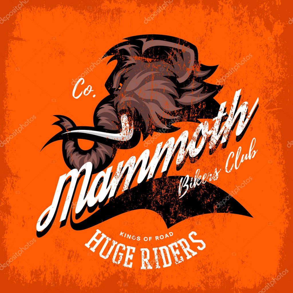Vintage furious woolly mammoth bikers gang club tee print vector design. Street wear t-shirt emblem. Premium quality wild animal superior mascot professional logo concept illustration.