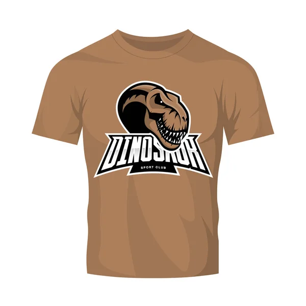 Dinosaur head sport club vector logo concept isolated on brown t-shirt mockup — Stock Vector