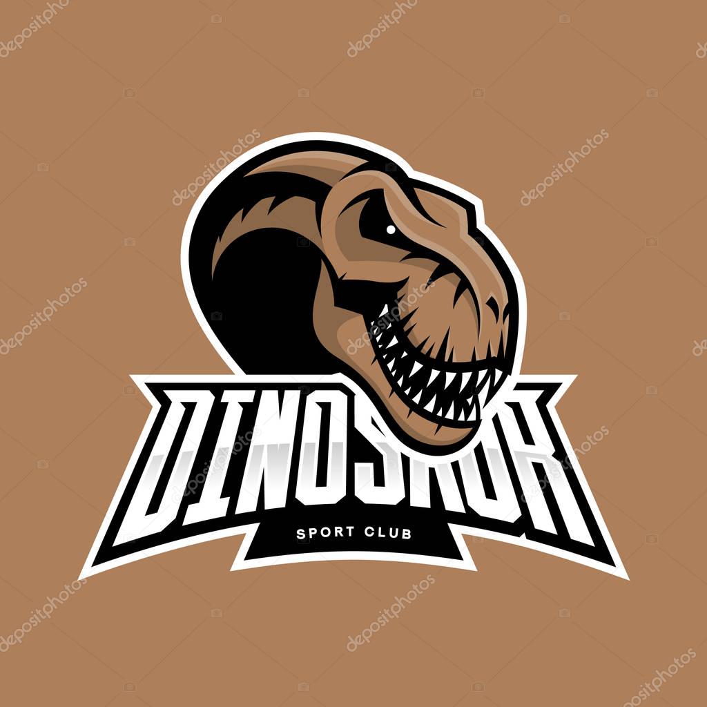 Dinosaur head sport club vector logo concept isolated on brown background. Modern team badge mascot design.Premium quality wild reptile t-shirt tee print illustration. Monster professional icon.