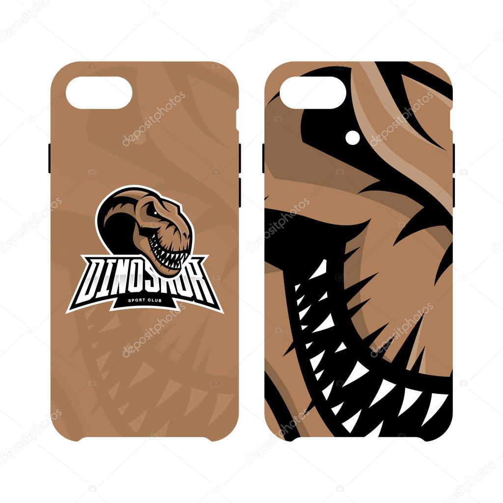 Furious dinosaur sport club vector logo concept smart phone case isolated on white background.Modern professional team badge mascot design. Premium quality wild reptile cell phone cover illustration.