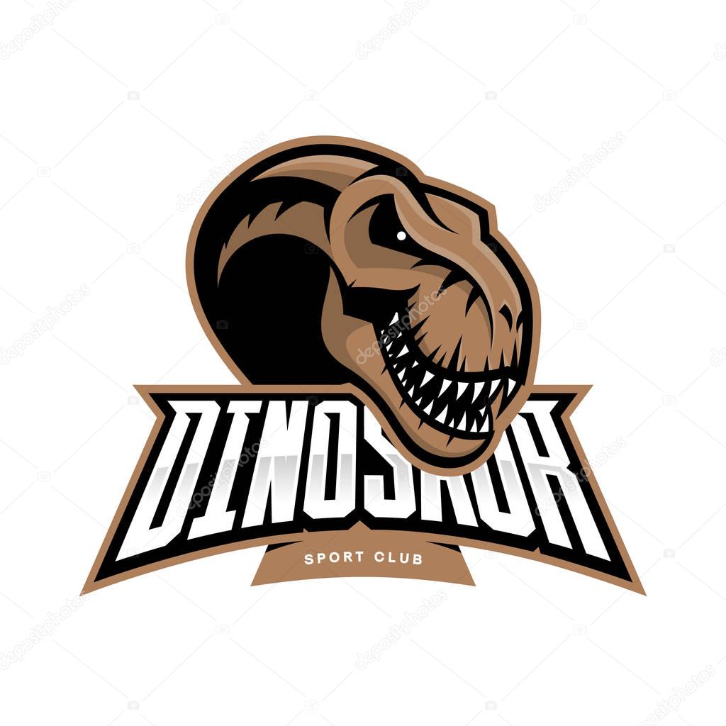 Dinosaur head sport club vector logo concept isolated on white background. Modern team badge mascot design.Premium quality wild reptile t-shirt tee print illustration. Monster professional icon.