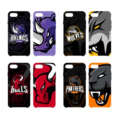 Öfkeli gergedanın, kurt, boğa ve Panter spor vektör logo kavramı akıllı telefon durumda.