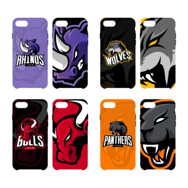 Öfkeli gergedanın, kurt, boğa ve Panter spor vektör logo kavramı akıllı telefon durumda