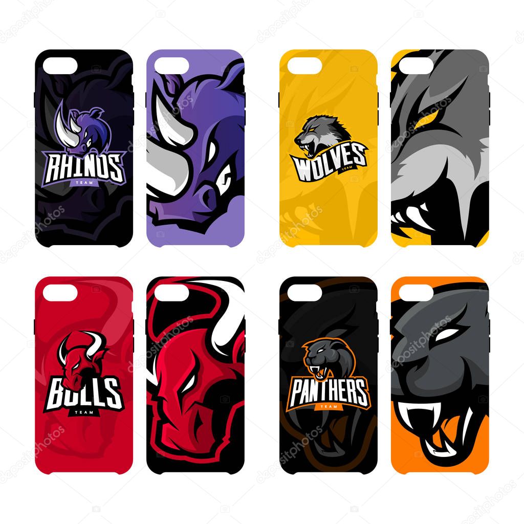Furious rhino, wolf, bull and panther sport vector logo concept smart phone case. Modern professional team badge.Premium quality wild animal artwork cell phone cover illustration design.