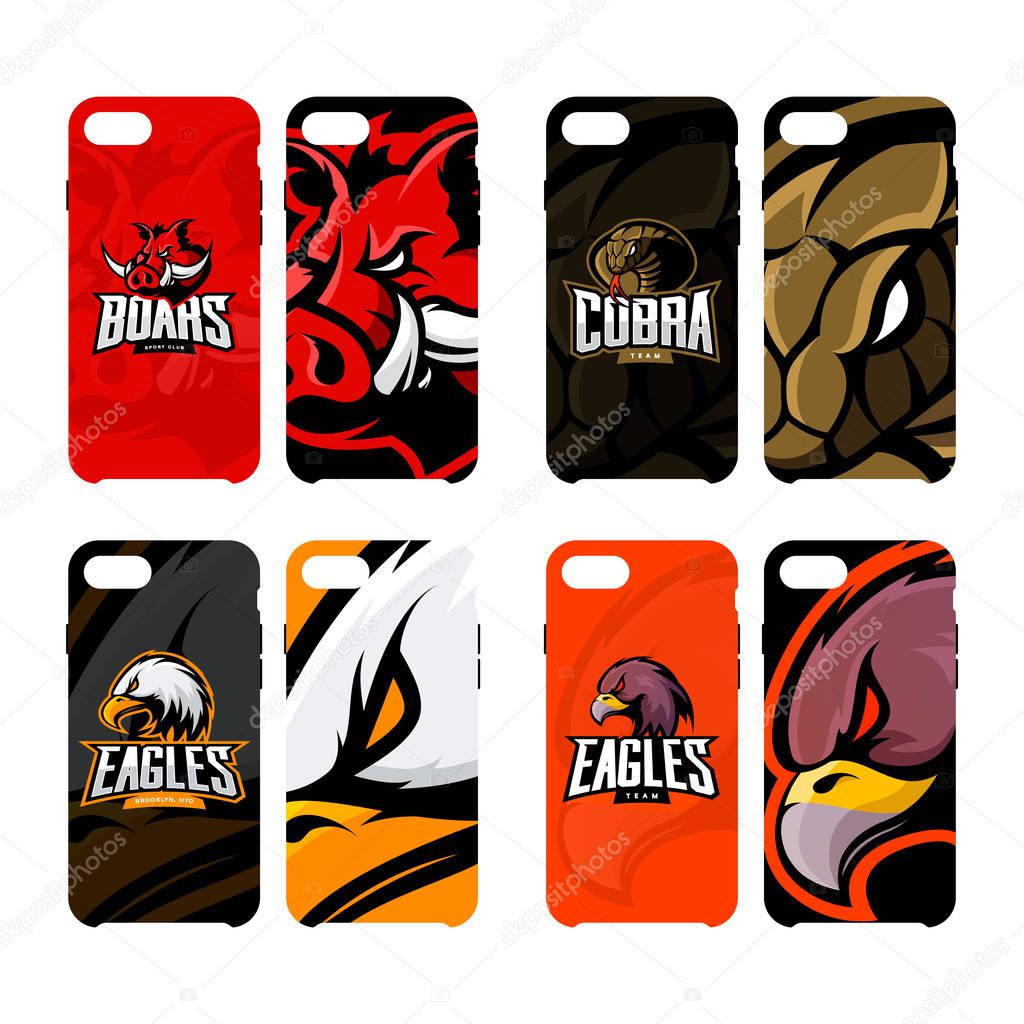 Furious boar, cobra, and eagle sport vector logo concept smart phone case. Modern professional team badge.Premium quality wild animal, snake and bird mascot cell phone cover illustration design.