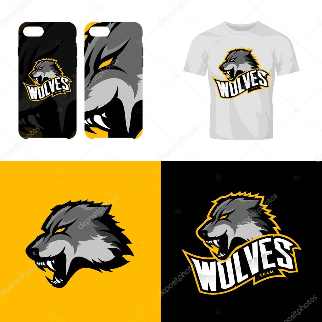 Wolf head sport club isolated vector logo concept. Modern professional team badge mascot design.Premium quality wild animal t-shirt tee print illustration. Smart phone case accessory emblem.
