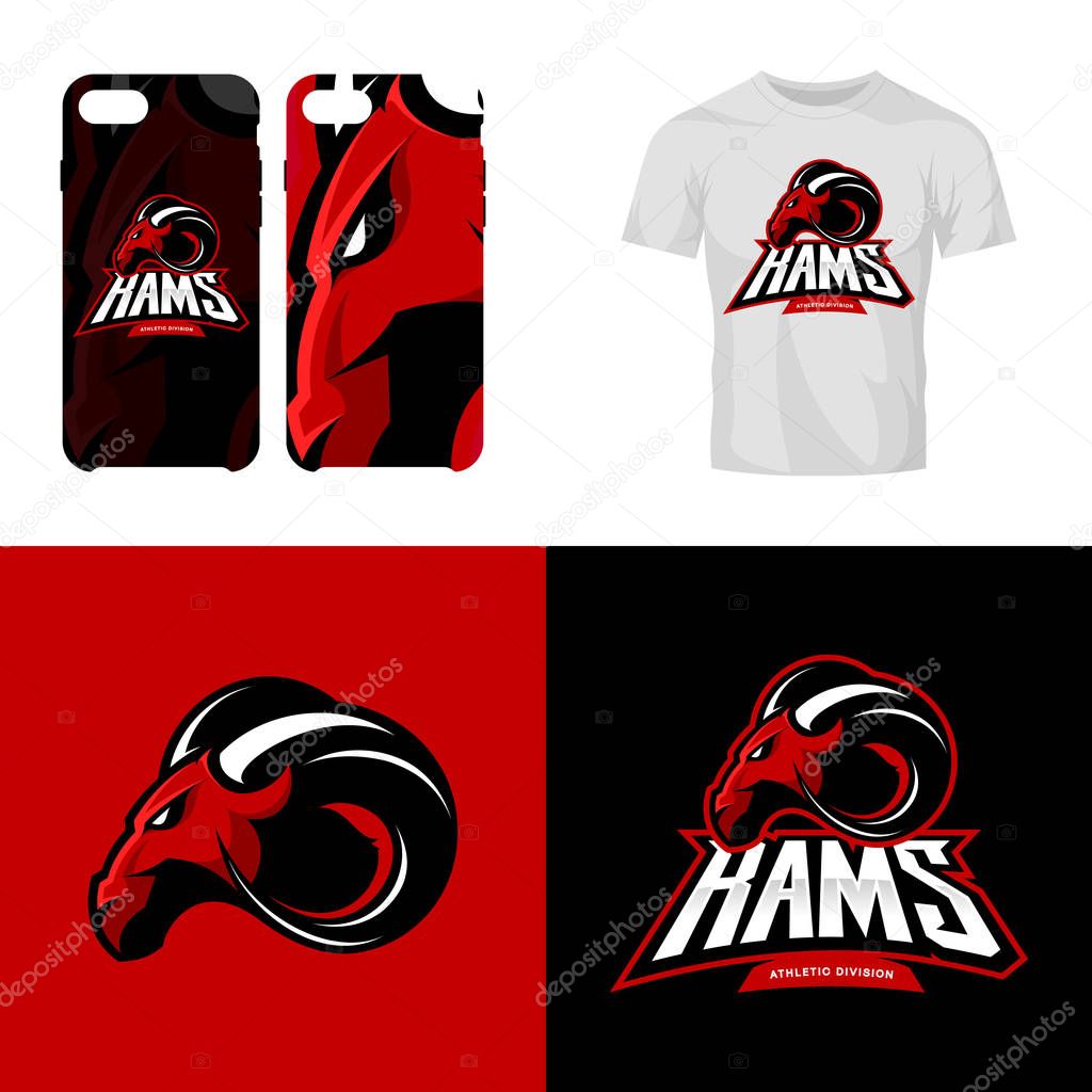 Red ram head sport club isolated vector logo concept. Modern professional team badge mascot design.Premium quality wild animal t-shirt tee print illustration. Smart phone case accessory emblem.
