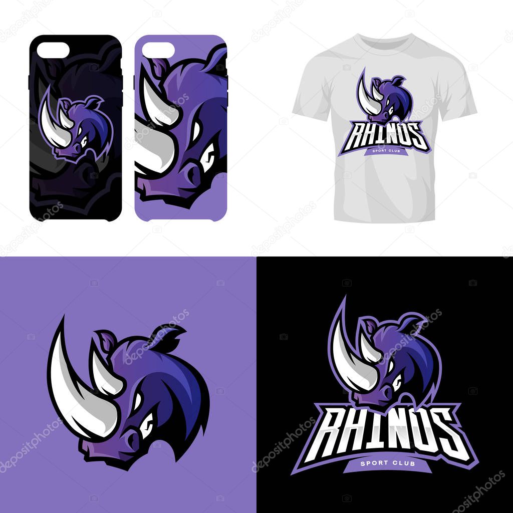 Rhino head sport club isolated vector logo concept. Modern professional team badge mascot design.Premium quality wild animal t-shirt tee print illustration. Smart phone case accessory emblem.