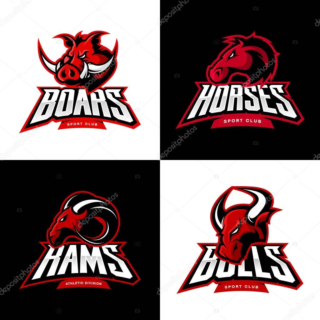 Furious boar, horse, ram, bull head isolated vector sport logo concept set. Modern badge mascot design.Premium quality wild animal t-shirt tee print character illustration. Street racing team emblem.