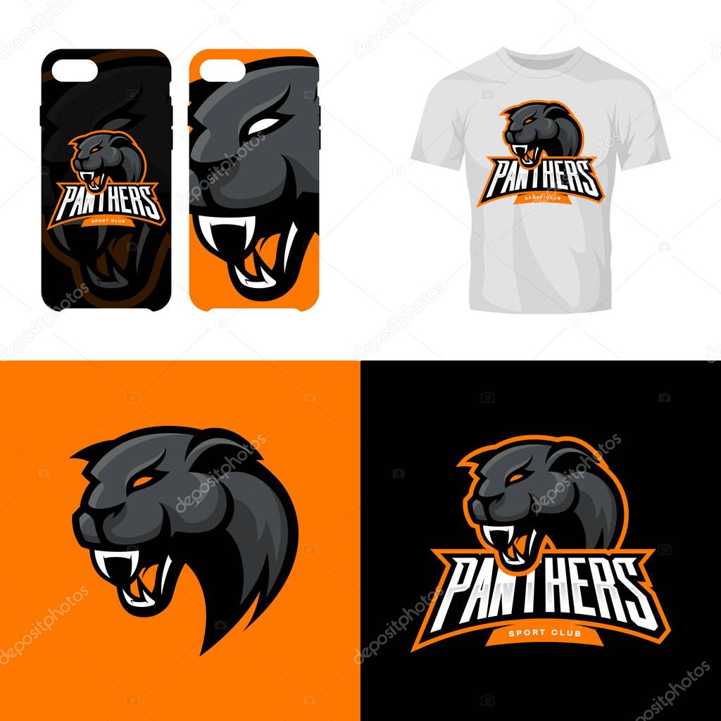 Panther head sport club isolated vector logo concept. Modern professional team badge mascot design.Premium quality wild animal t-shirt tee print illustration. Smart phone case accessory emblem.