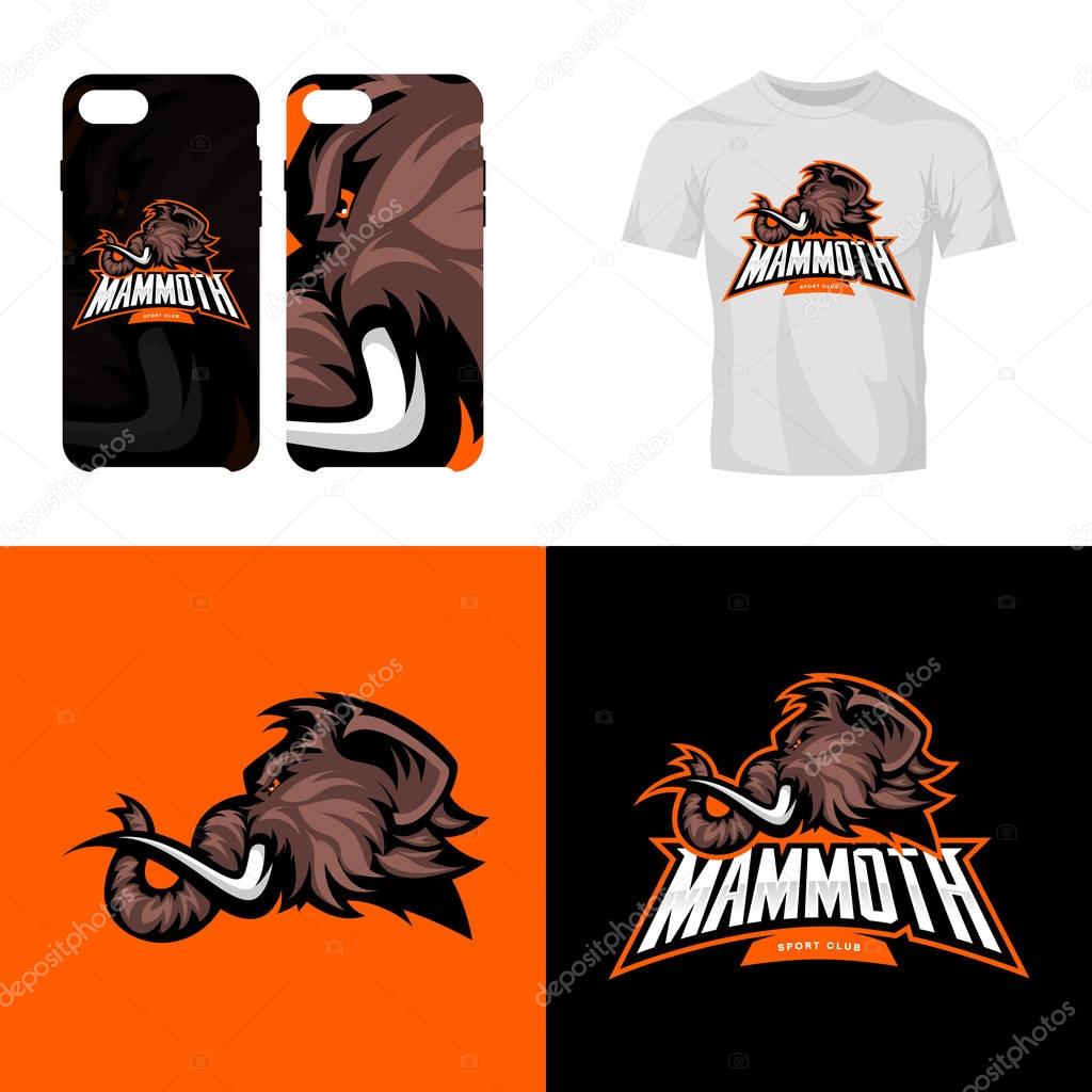 Furious woolly mammoth head sport club isolated vector logo concept. Modern team badge mascot design.Premium quality wild animal t-shirt tee print illustration. Smart phone case accessory emblem.