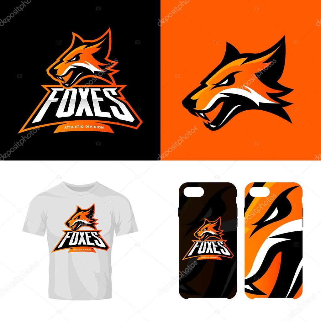 Fox head sport club isolated vector logo concept. Modern professional team badge mascot design.Premium quality wild animal t-shirt tee print illustration. Smart phone case accessory emblem.