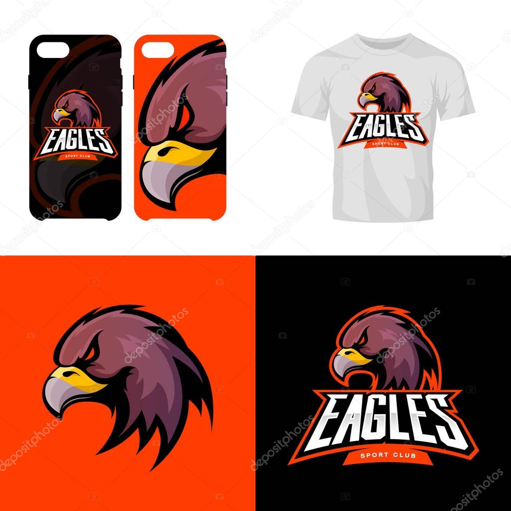 Eagle head sport club isolated vector logo concept. Modern professional team badge mascot design.Premium quality wild bird t-shirt tee print illustration. Smart phone case accessory emblem.