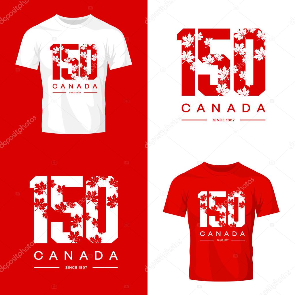 150 anniversary of the founding of Canada maple leaf texture number tee print isolated vector design. Premium quality logo concept illustration. Street wear t-shirt emblem. Modern souvenir stamp.