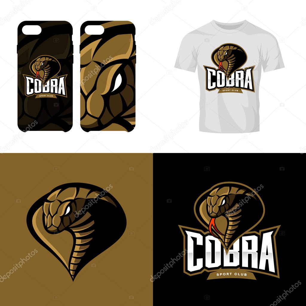 Furious cobra head sport club isolated vector logo concept. Modern professional team badge mascot design.Premium quality wild animal t-shirt tee print illustration. Smart phone case accessory emblem.