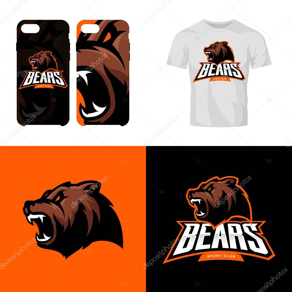 Bear head sport club isolated vector logo concept. Modern professional team badge mascot design.Premium quality wild animal t-shirt tee print illustration. Smart phone case accessory emblem.