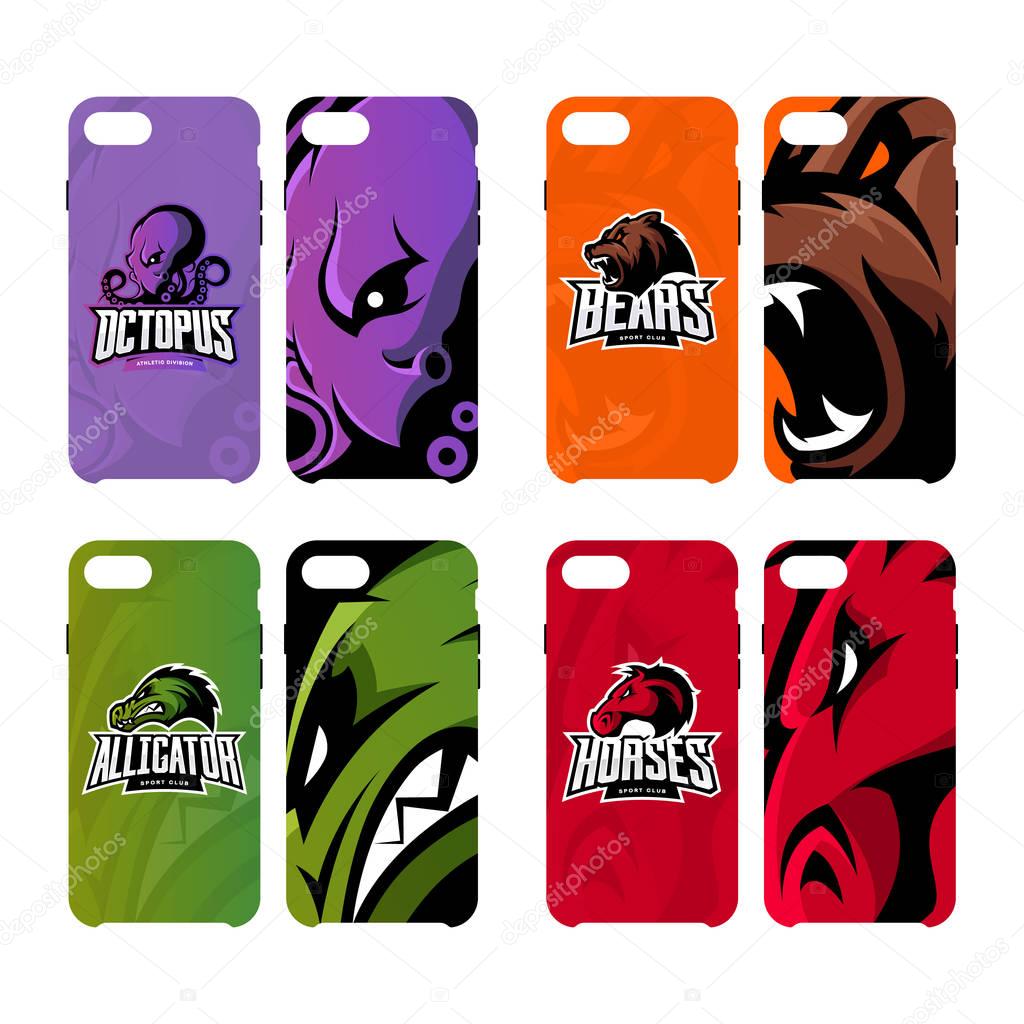 Furious octopus, bear, alligator and horse sport vector logo concept smart phone case. Modern professional team badge.Premium quality wild animal artwork cell phone cover illustration design.