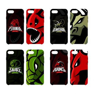 Öfkeli piranha, ram, yılan ve dinozor spor vektör logo kavramı akıllı telefon durumda.
