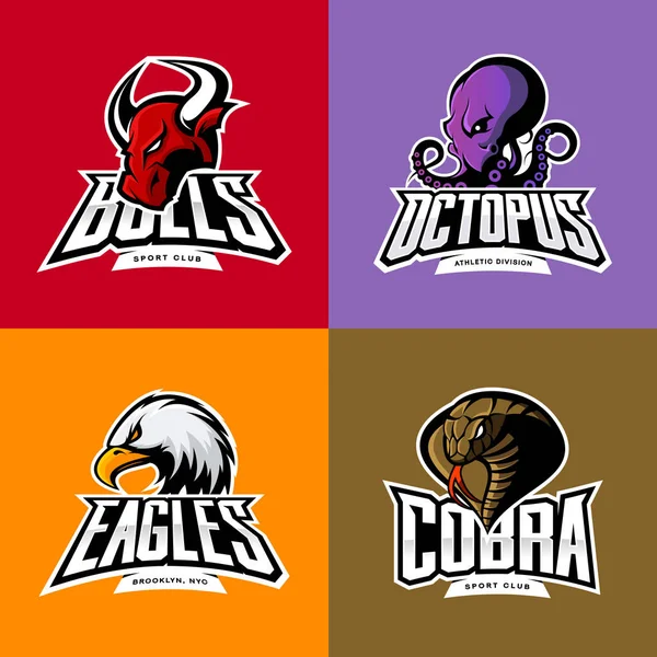 Wütender Oktopus, Adler, Kobra, Stierkopf isolierter Vektor-Sport-Logo-Konzeptset. — Stockvektor