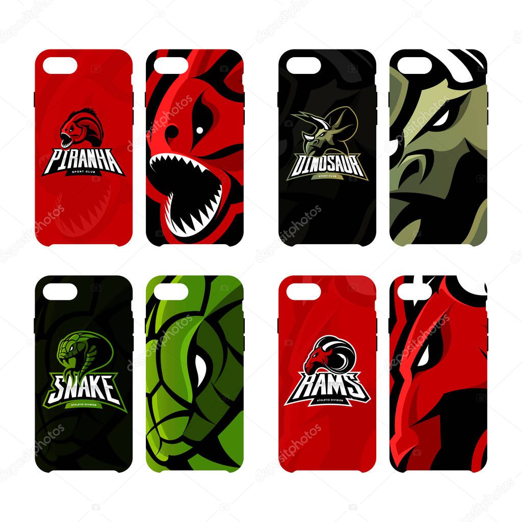 Furious piranha, ram, snake and dinosaur sport vector logo concept smart phone case. Modern professional mascot team badge.Premium quality wild animal artwork cell phone cover illustration design.