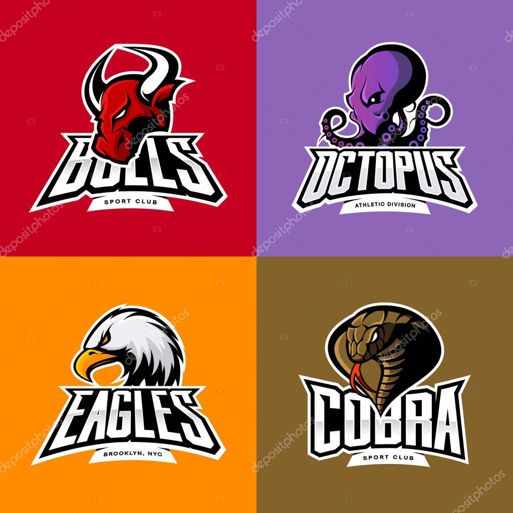 Furious octopus, eagle, cobra, bull head isolated vector sport logo concept set. Modern badge mascot design.Premium quality wild animal t-shirt tee print character illustration. Street racing team emblem.