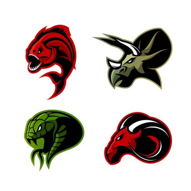 Beyaz arka plan üzerinde izole öfkeli piranha, ram, yılan ve dinozor baş spor vektör logo kavramı set.