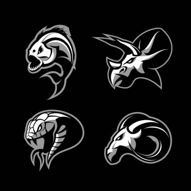 Siyah arka plan üzerine izole öfkeli piranha, ram, yılan ve dinozor baş spor vektör logo kavramı set.