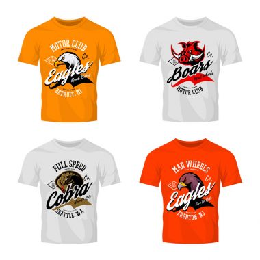 Vintage öfkeli Kartal, yaban domuzu, Kobra bisikletçileri kulübü tee yazdırma vektör tasarım t-shirt mockup izole.