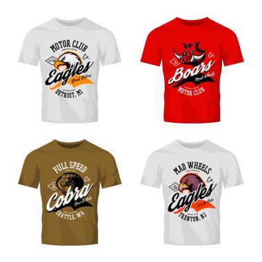 Vintage öfkeli Kartal, yaban domuzu, Kobra bisikletçileri kulübü tee yazdırma vektör tasarım t-shirt mockup izole.