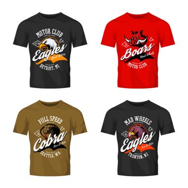 Vintage öfkeli Kartal, yaban domuzu, Kobra bisikletçileri kulübü tee yazdırma vektör tasarım t-shirt mockup izole.