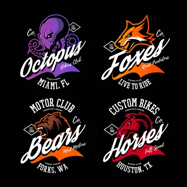 Vintage Amerikan öfkeli ahtapot, tilki, ayı, at bisikletçileri kulübü tee baskı vektör tasarım kümesi.