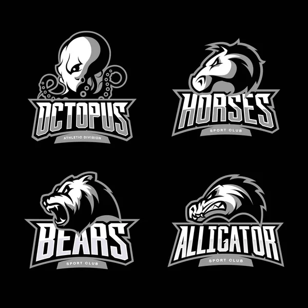 Konsep logo vektor olahraga gurita, kuda, beruang dan buaya yang penuh kemarahan terisolasi pada latar belakang hitam . - Stok Vektor