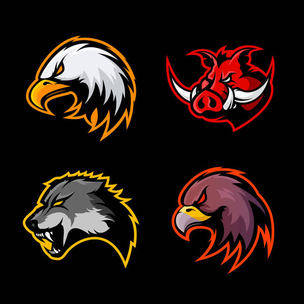 Furious boar, wolf, panther and eagle head sport vector logo concept set isolated on black background.
