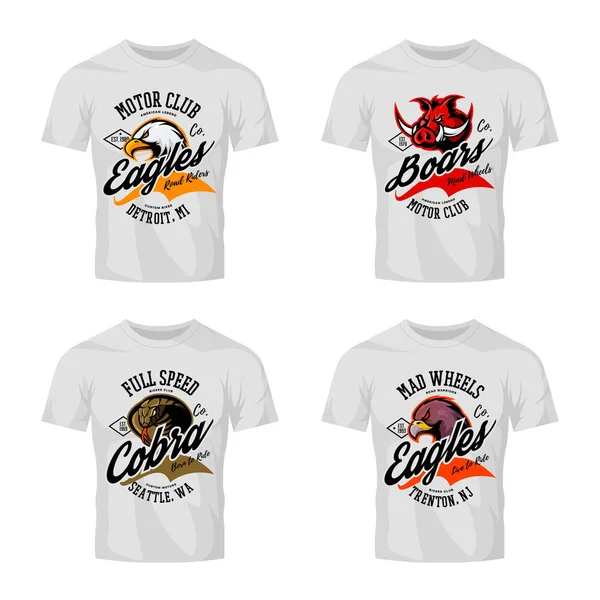 Vintage águia furiosa, javali, cobra motociclistas clube tee impressão vetor design isolado no branco t-shirt mockup . — Vetor de Stock