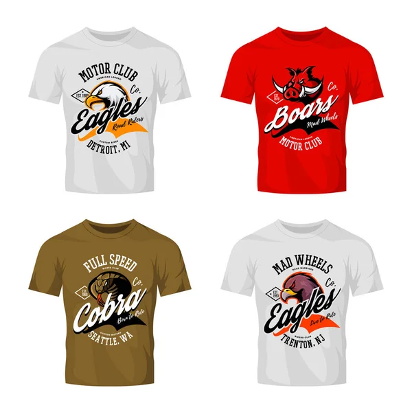 Vintage águia furiosa, javali, cobra motociclistas clube tee impressão vetor design isolado em t-shirt mockup . — Vetor de Stock