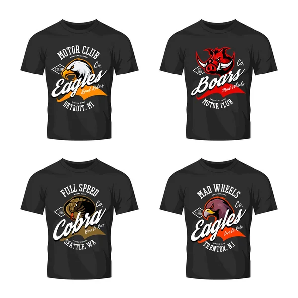 Vintage furieux aigle, sanglier, cobra motards club tee print vectoriel design isolé sur t-shirt noir maquette — Image vectorielle