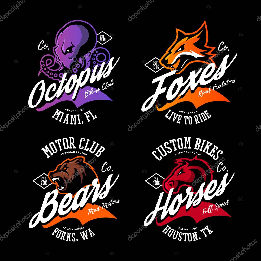 Vintage American furious octopus, fox, bear, horse bikers club tee print vector design set. Street wear mascot t-shirt emblem. Premium quality wild animal superior logo concept illustration.