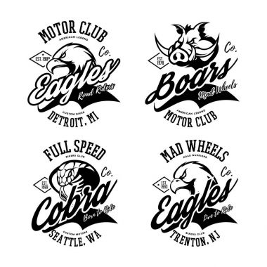 Vintage Amerikan öfkeli Kartal, yaban domuzu ve Kobra bisikletçileri kulübü tee baskı vektör tasarım kümesi.