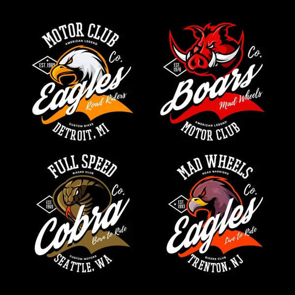 Vintage American furioso águila, jabalí y cobra motoristas club tee print vector diseño conjunto . — Vector de stock