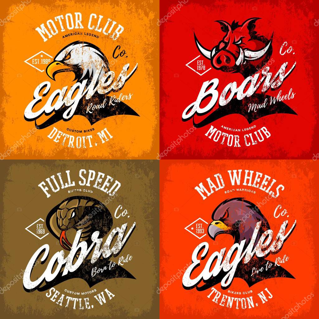 Vintage American furious eagle, boar and cobra bikers club tee print vector design set. Street wear t-shirt emblem. Premium quality wild animal, snake and bird superior logo concept illustration.