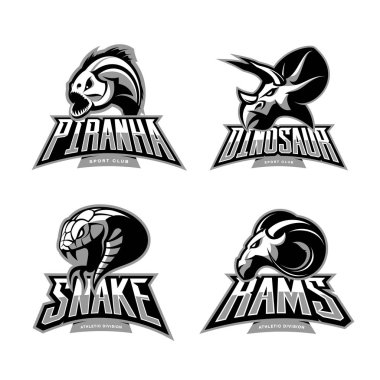 Beyaz arka plan üzerinde izole öfkeli piranha, ram, yılan ve dinozor baş spor vektör logo kavramı set. 