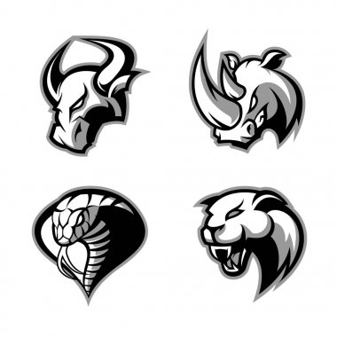 Öfkeli gergedanın, bull, kobra ve Panter vektör logo kavram kümesi beyaz arka plan üzerinde izole spor.