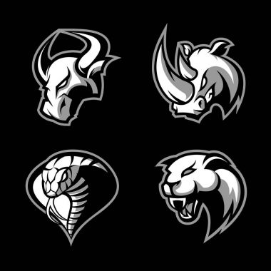 Öfkeli gergedanın, bull, kobra ve Panter vektör logo kavramı set siyah arka plan üzerine izole spor. 