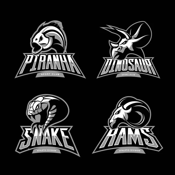 ワイルド ピラニア、ram、ヘビ、恐竜頭スポーツ ベクトル ロゴ コンセプト セット黒の背景上に分離されて. — ストックベクタ