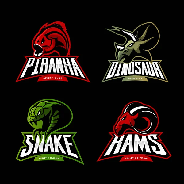 Furieux piranha, bélier, serpent et dinosaure tête sport vecteur logo concept mis isolé sur fond noir . — Image vectorielle